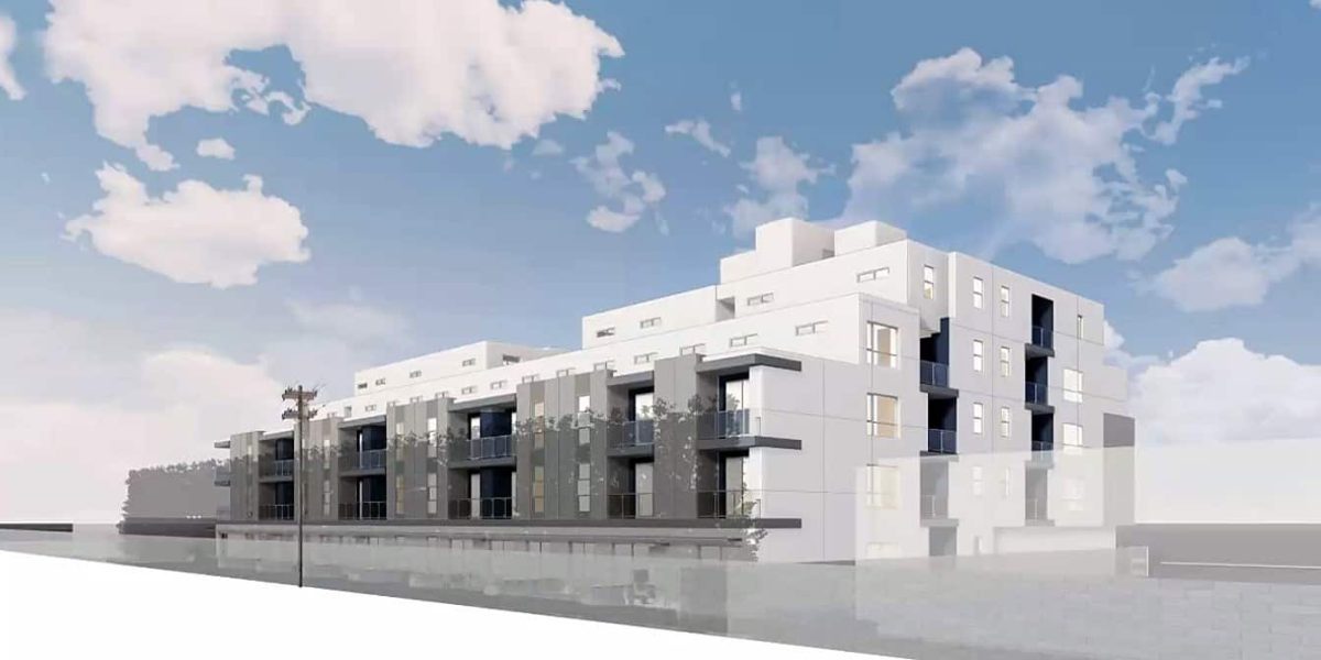 View of the revised project design from Midvale, showing deeper step-backs at the 4th and 5th floors